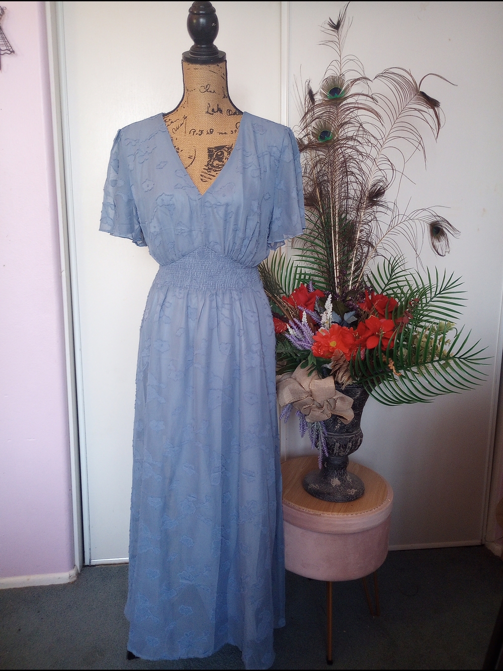 Simplee Apparel Light Blue V-Neck Flutter Sleeve Maxi Dress